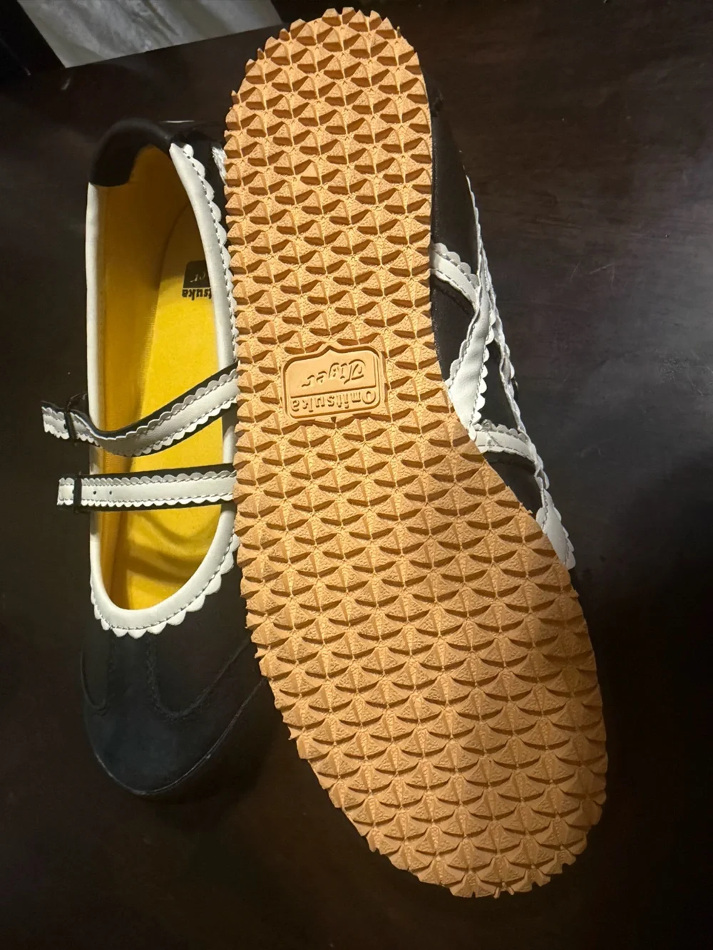 Black and White Scalloped Mary Jane Flat with Dual Straps